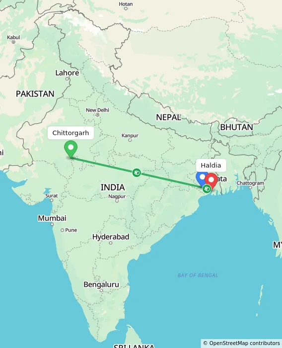 Route map showing distance and travel time from Chittorgarh, India to Haldia, India