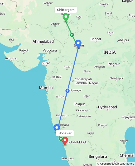 Route map showing distance and travel time from Chittorgarh, India to Honavar, India
