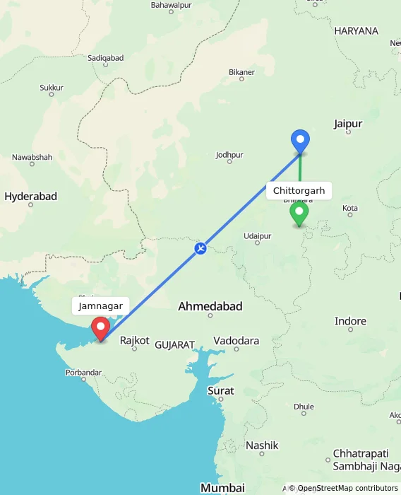 Route map showing distance and travel time from Chittorgarh, India to Jamnagar, India