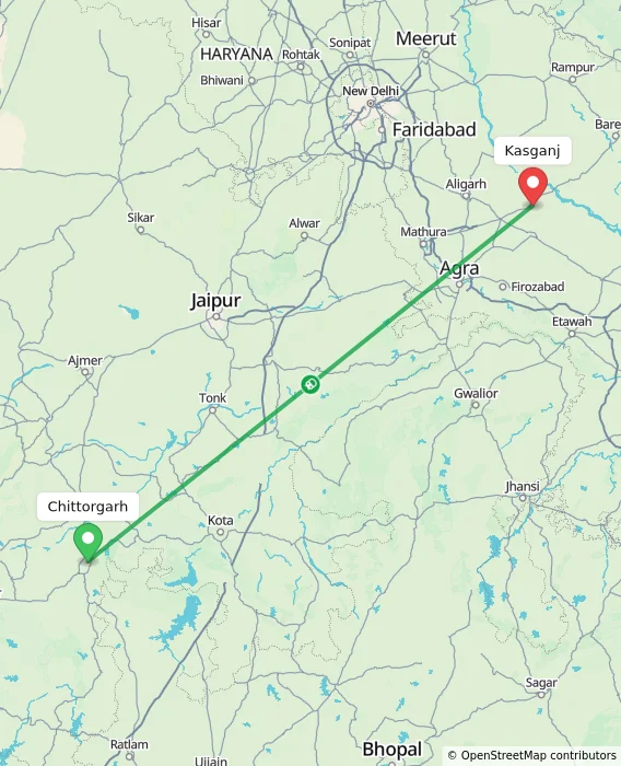 Route map showing distance and travel time from Chittorgarh, India to Kasganj, India