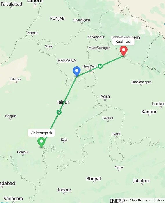 Route map showing distance and travel time from Chittorgarh, India to Kashipur, India