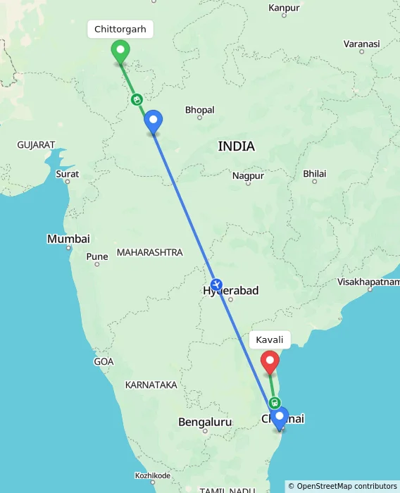 Route map showing distance and travel time from Chittorgarh, India to Kavali, India