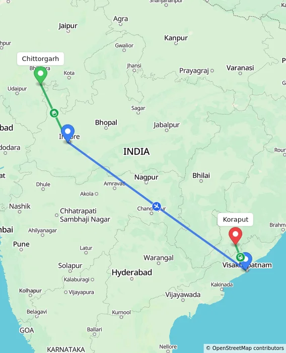 Route map showing distance and travel time from Chittorgarh, India to Koraput, India