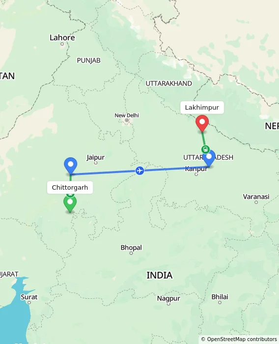 Route map showing distance and travel time from Chittorgarh, India to Lakhimpur, India
