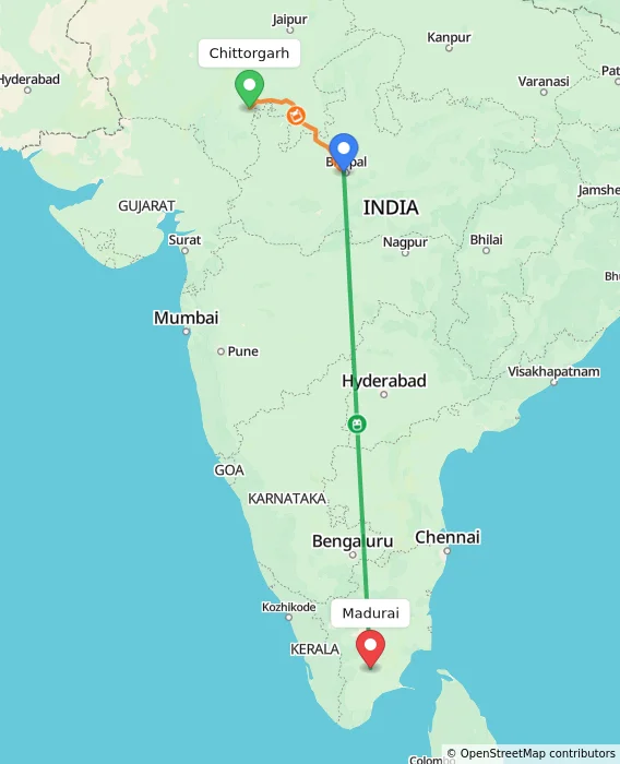 Route map showing distance and travel time from Chittorgarh, India to Madurai, India