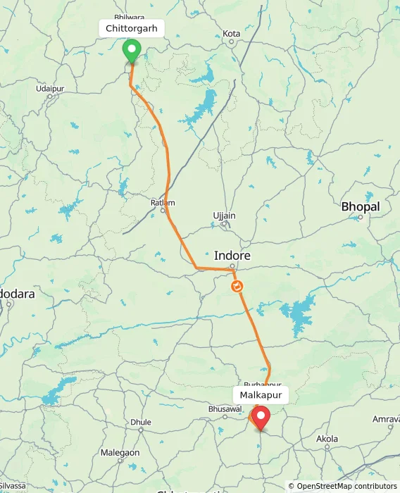 Route map showing distance and travel time from Chittorgarh, India to Malkapur, India