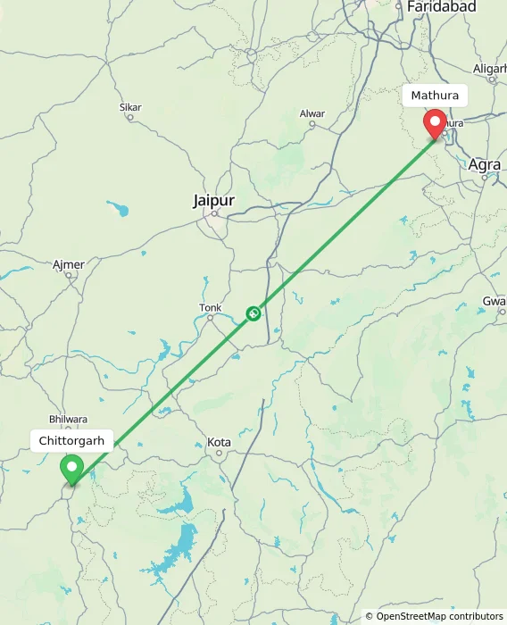 Route map showing distance and travel time from Chittorgarh, India to Mathura, India