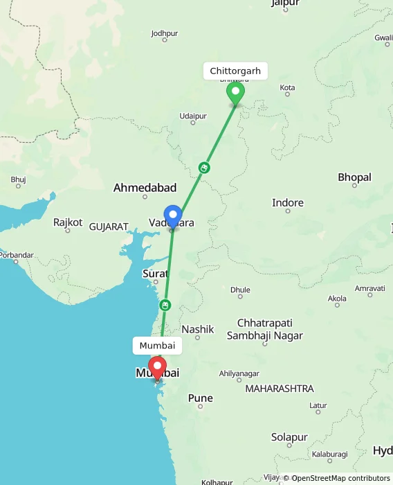 Route map showing distance and travel time from Chittorgarh, India to Mumbai, India