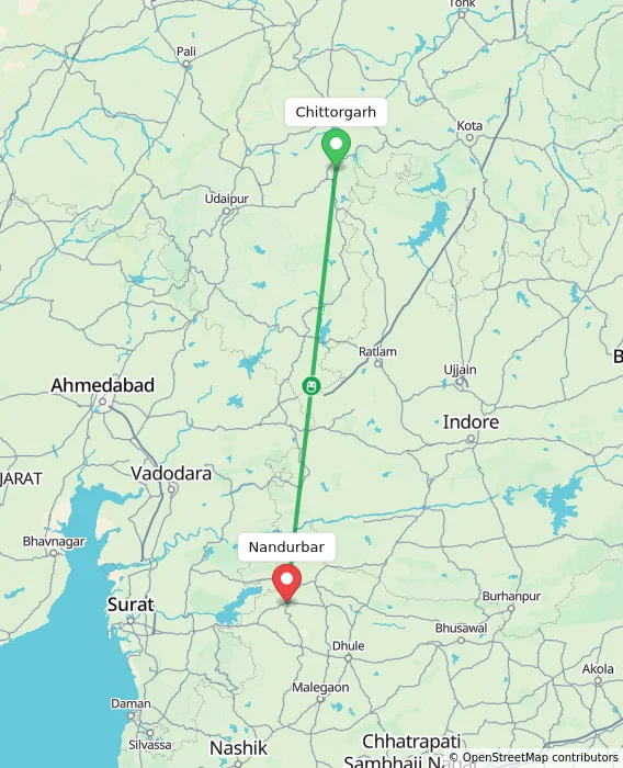 Route map showing distance and travel time from Chittorgarh, India to Nandurbar, India
