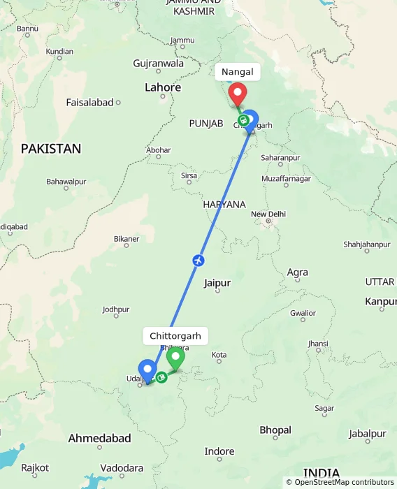Route map showing distance and travel time from Chittorgarh, India to Nangal, India