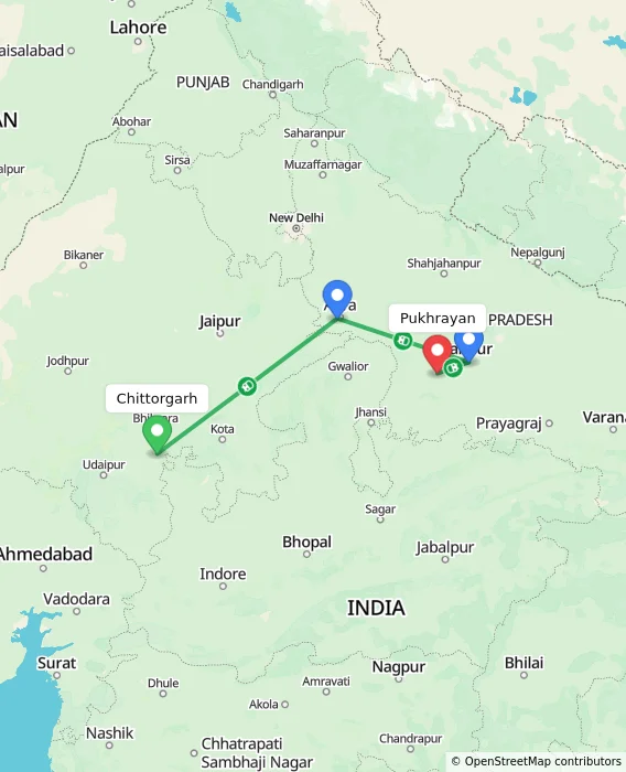 Route map showing distance and travel time from Chittorgarh, India to Pukhrayan, India