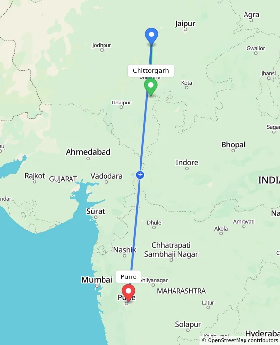 Route map showing distance and travel time from Chittorgarh, India to Pune, India
