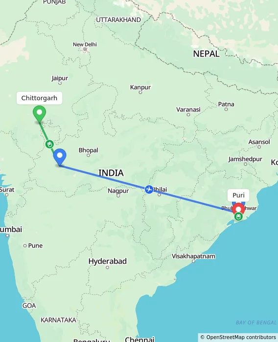 Route map showing distance and travel time from Chittorgarh, India to Puri, India