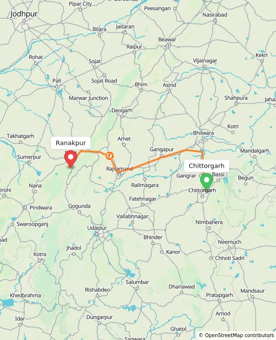 Route map showing distance and travel time from Chittorgarh, India to Ranakpur, India