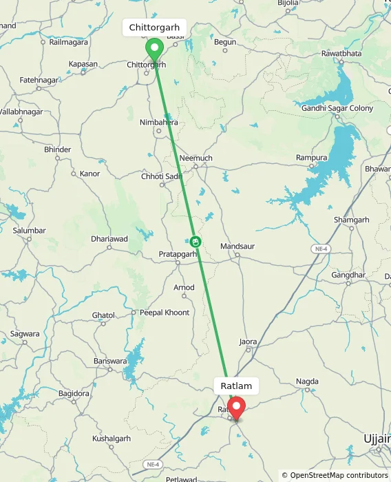 Route map showing distance and travel time from Chittorgarh, India to Ratlam, India