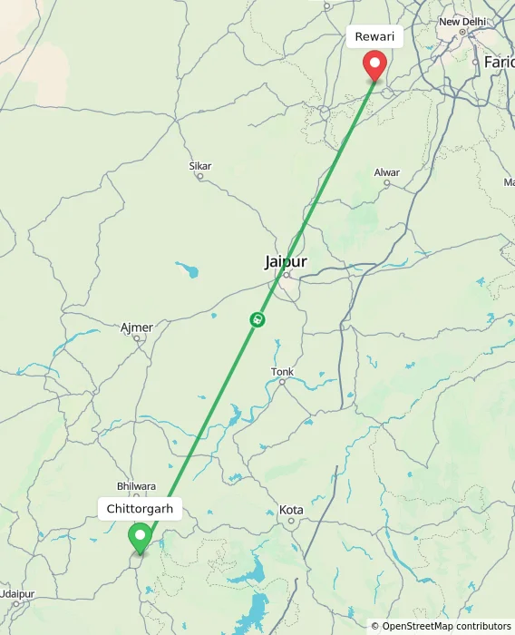 Route map showing distance and travel time from Chittorgarh, India to Rewari, India