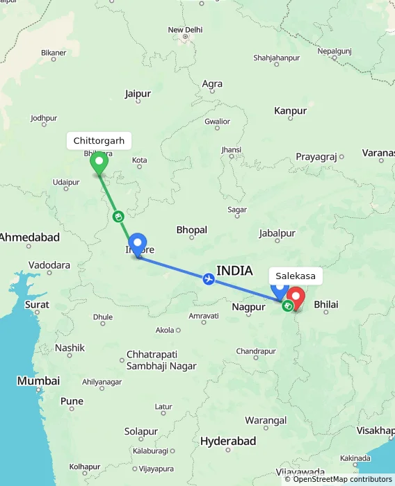 Route map showing distance and travel time from Chittorgarh, India to Salekasa, India