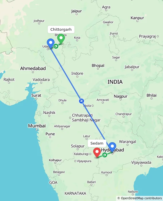 Route map showing distance and travel time from Chittorgarh, India to Sedam, India
