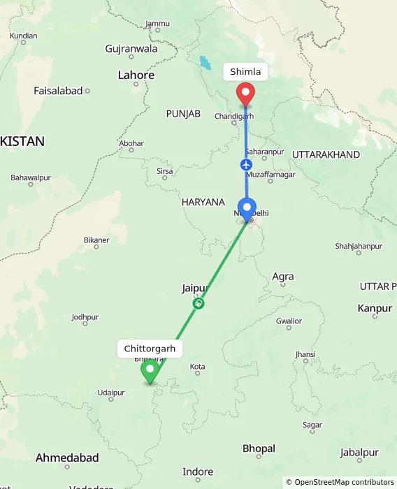 Route map showing distance and travel time from Chittorgarh, India to Shimla, India