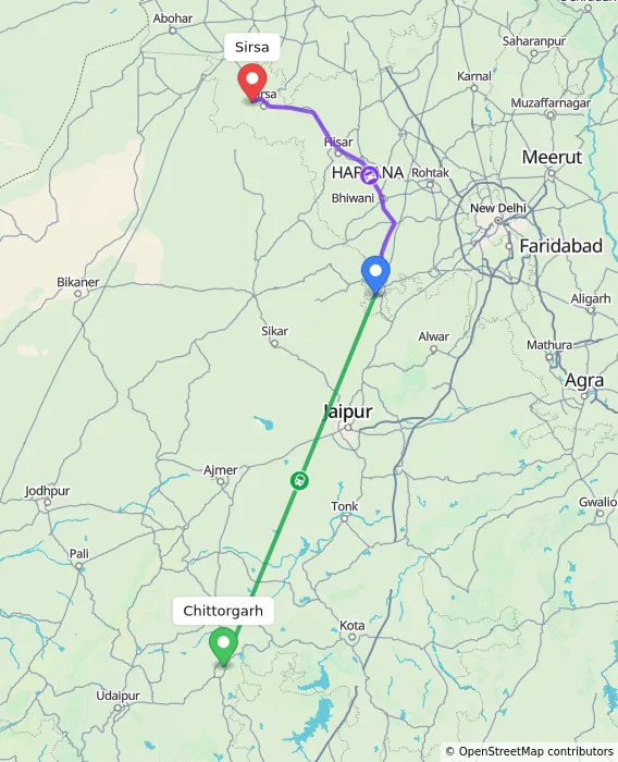 Route map showing distance and travel time from Chittorgarh, India to Sirsa, India