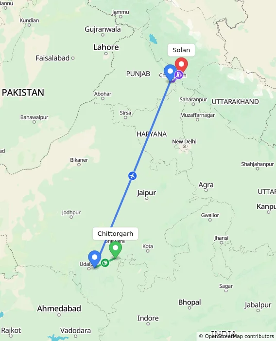 Route map showing distance and travel time from Chittorgarh, India to Solan, India