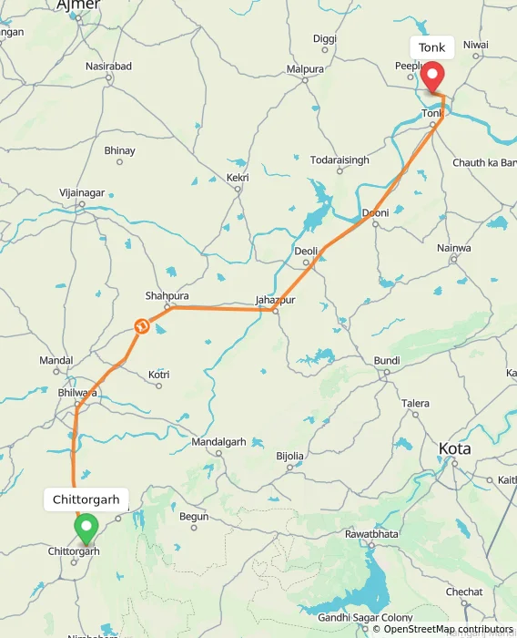 Route map showing distance and travel time from Chittorgarh, India to Tonk, India