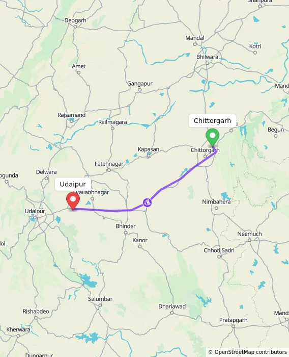 Route map showing distance and travel time from Chittorgarh, India to Udaipur, India
