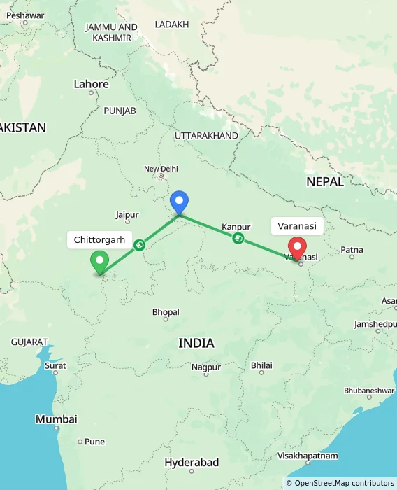 Route map showing distance and travel time from Chittorgarh, India to Varanasi, India