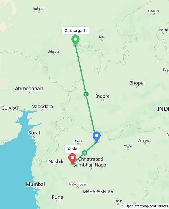 Route map showing distance and travel time from Chittorgarh, India to Yeola, India
