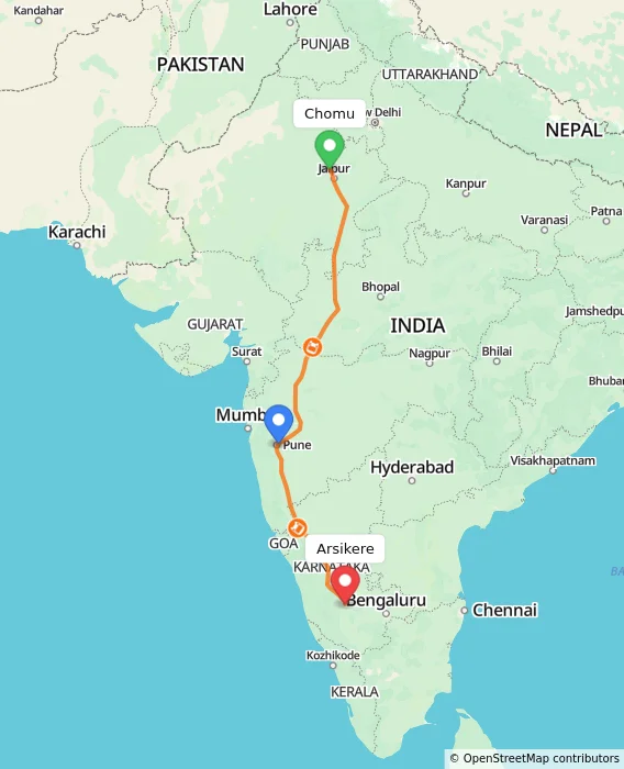 Route map showing distance and travel time from Chomu, India to Arsikere, India