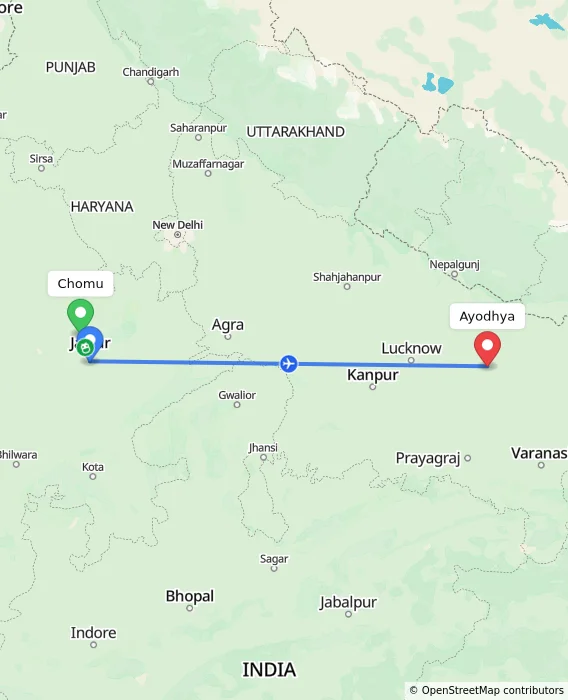 Route map showing distance and travel time from Chomu, India to Ayodhya, India