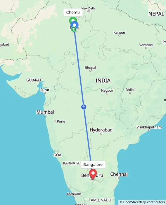 Route map showing distance and travel time from Chomu, India to Bangalore, India
