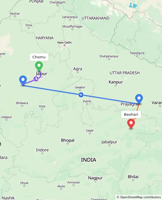 Route map showing distance and travel time from Chomu, India to Beohari, India