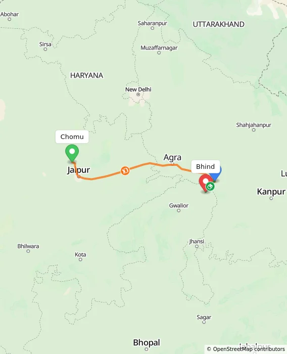 Route map showing distance and travel time from Chomu, India to Bhind, India