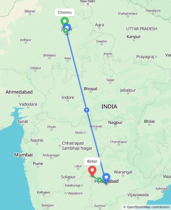 Route map showing distance and travel time from Chomu, India to Bidar, India