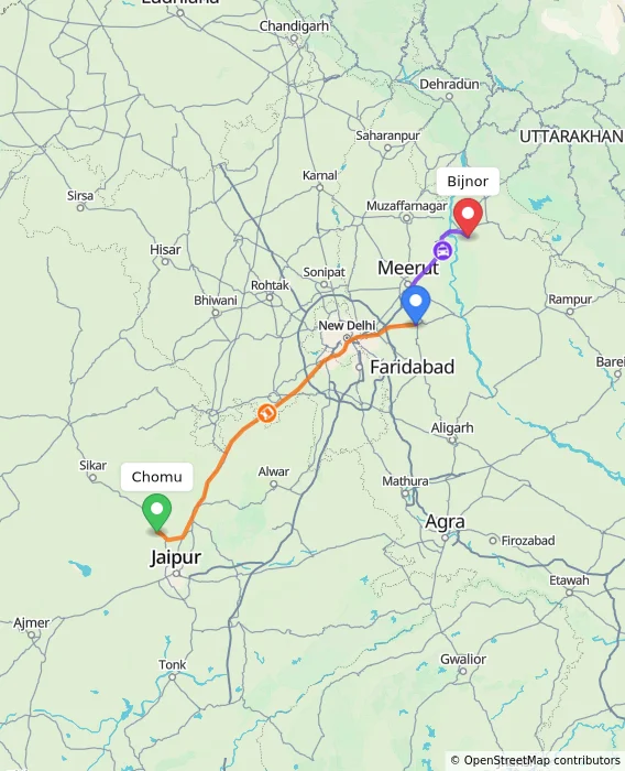 Route map showing distance and travel time from Chomu, India to Bijnor, India