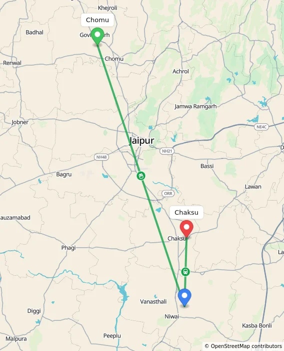 Route map showing distance and travel time from Chomu, India to Chaksu, India