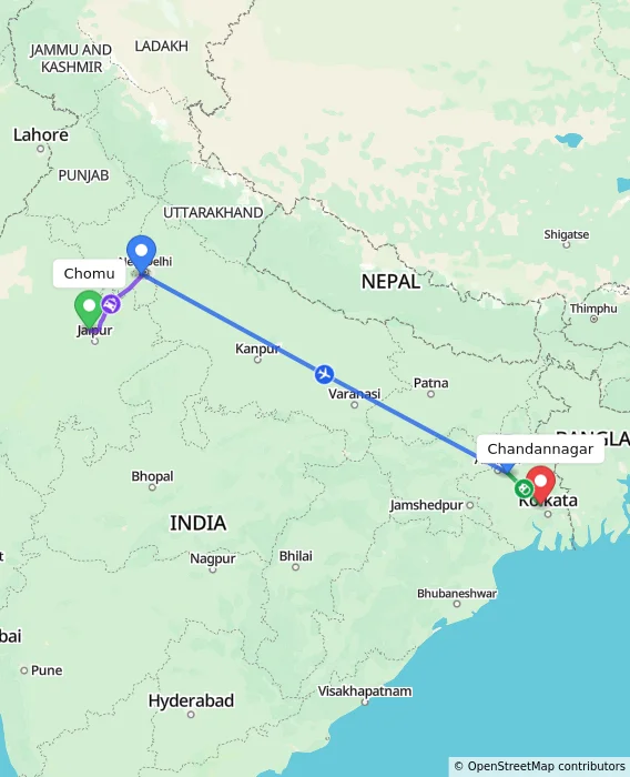 Route map showing distance and travel time from Chomu, India to Chandannagar, India