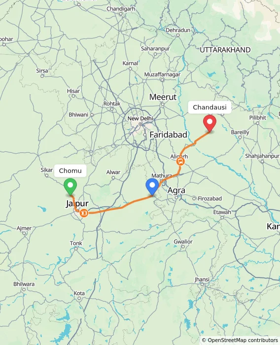 Route map showing distance and travel time from Chomu, India to Chandausi, India