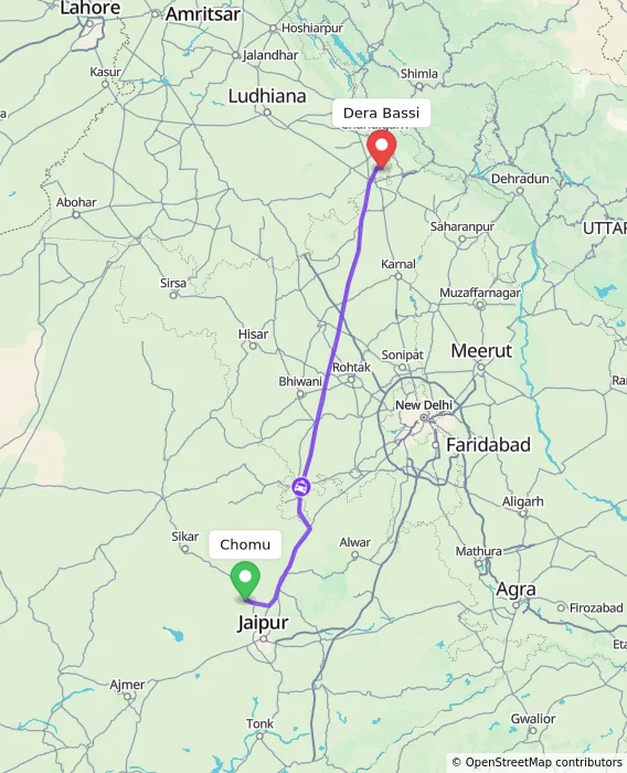 Route map showing distance and travel time from Chomu, India to Dera Bassi, India