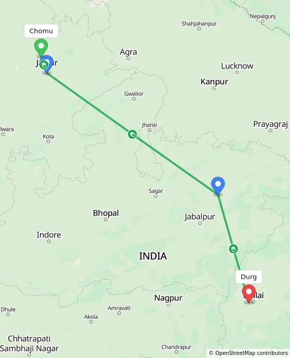 Route map showing distance and travel time from Chomu, India to Durg, India