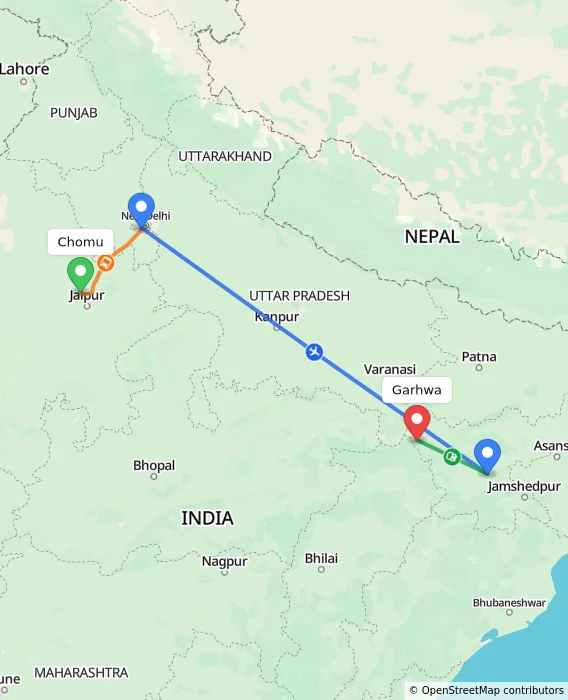 Route map showing distance and travel time from Chomu, India to Garhwa, India