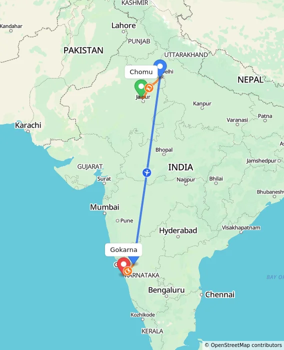 Route map showing distance and travel time from Chomu, India to Gokarna, India