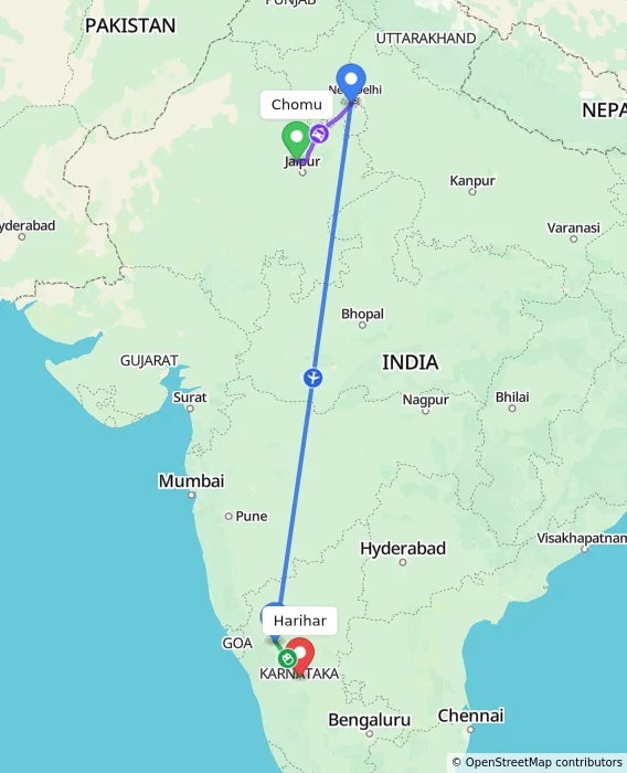 Route map showing distance and travel time from Chomu, India to Harihar, India