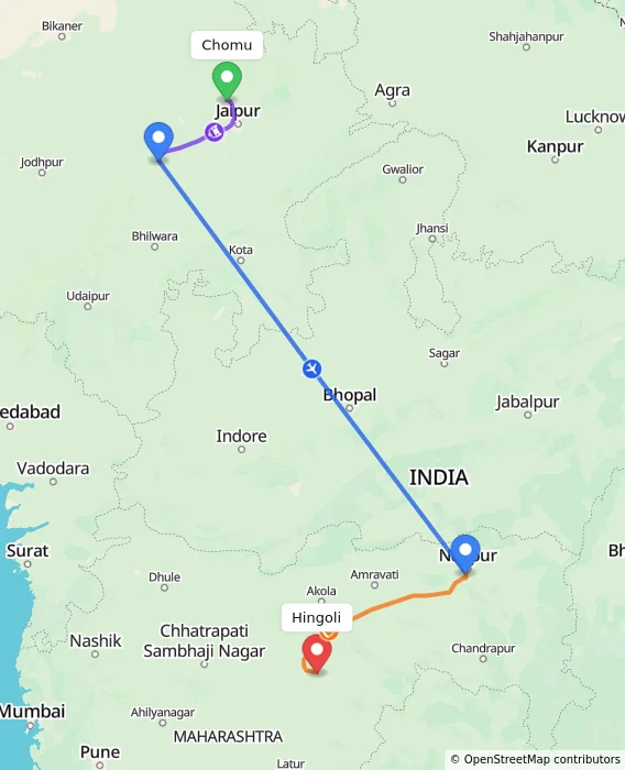 Route map showing distance and travel time from Chomu, India to Hingoli, India