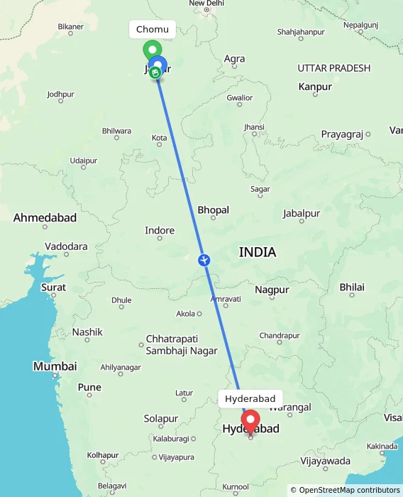 Route map showing distance and travel time from Chomu, India to Hyderabad, India