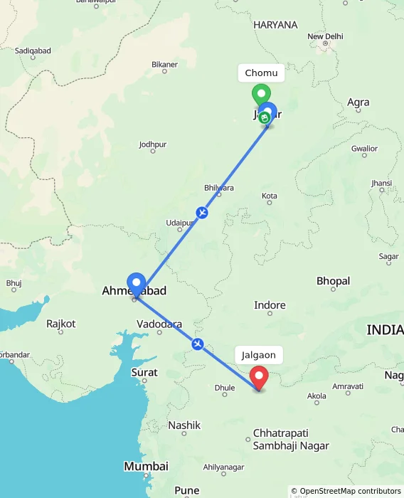 Route map showing distance and travel time from Chomu, India to Jalgaon, India