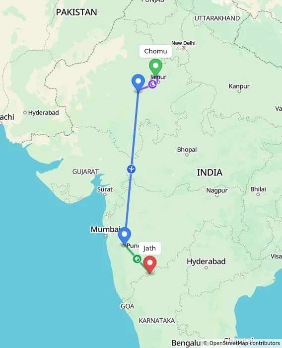 Route map showing distance and travel time from Chomu, India to Jath, India