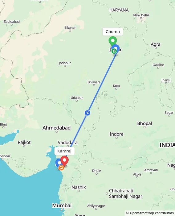 Route map showing distance and travel time from Chomu, India to Kamrej, India