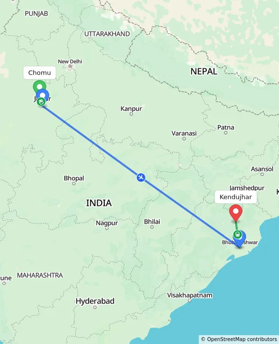 Route map showing distance and travel time from Chomu, India to Kendujhar, India
